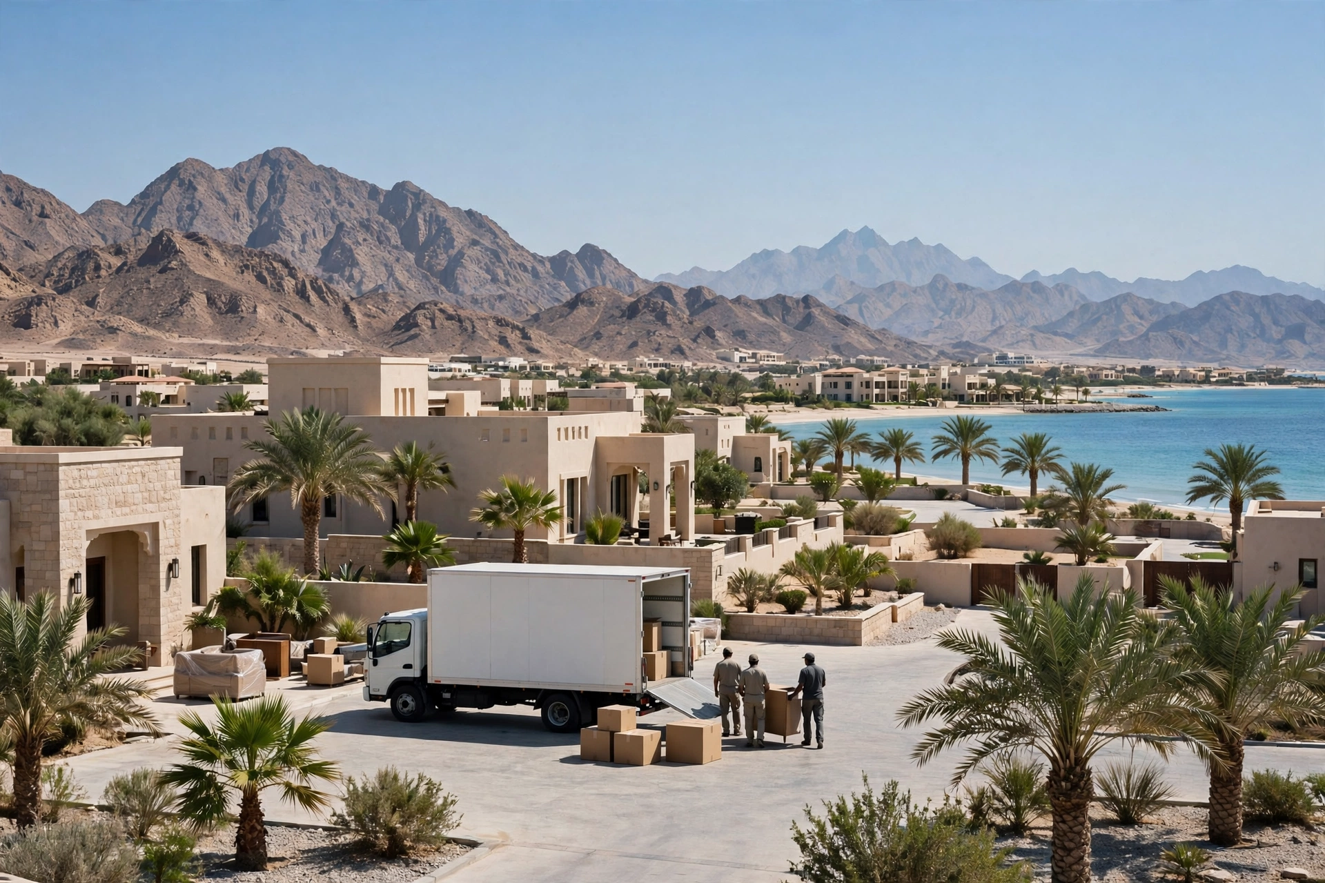 Movers loading a plain white truck outside a home in Al Aqah, Fujairah