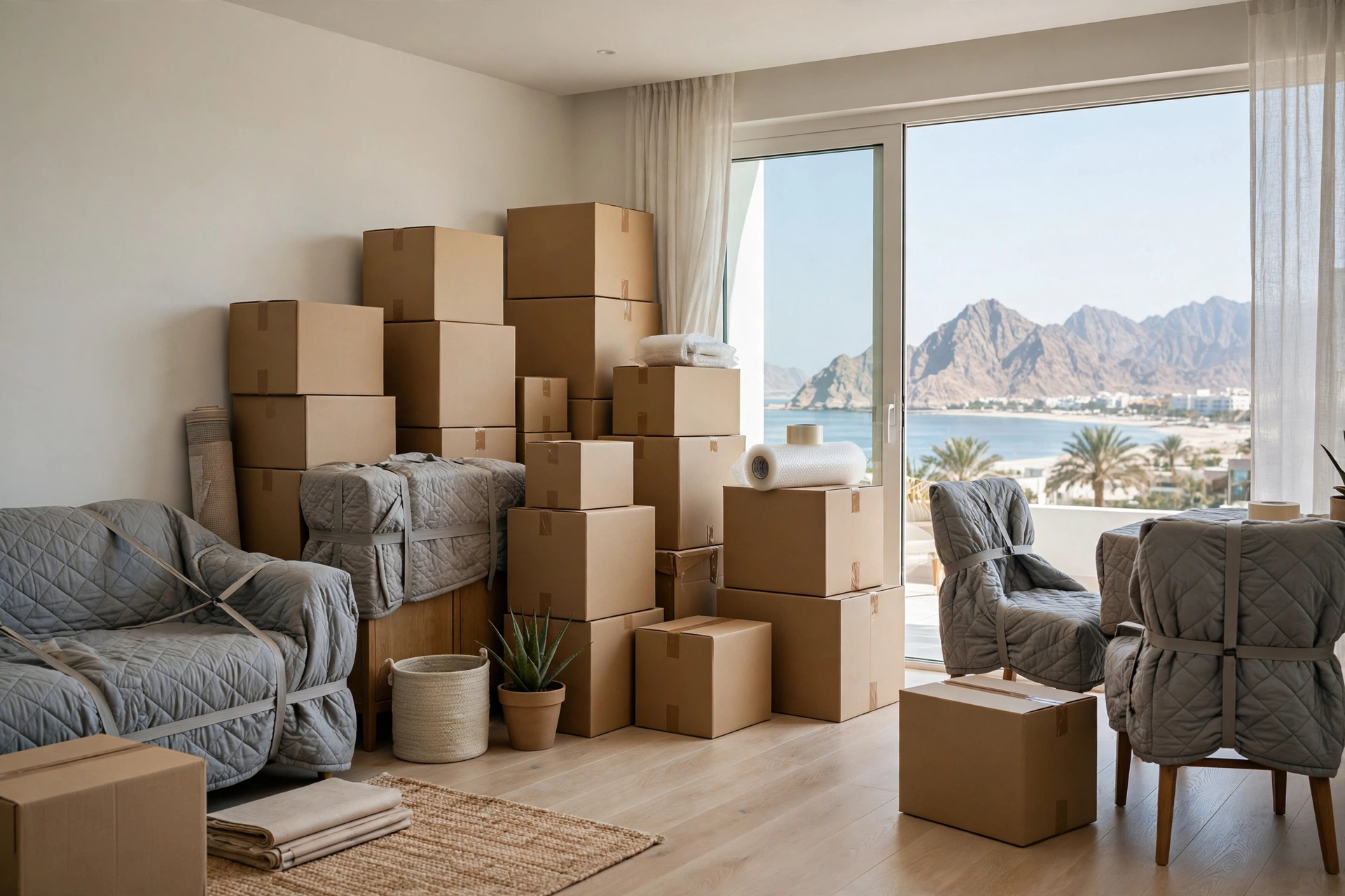 Packed and labelled boxes ready in a bright living room in Al Aqah, Fujairah