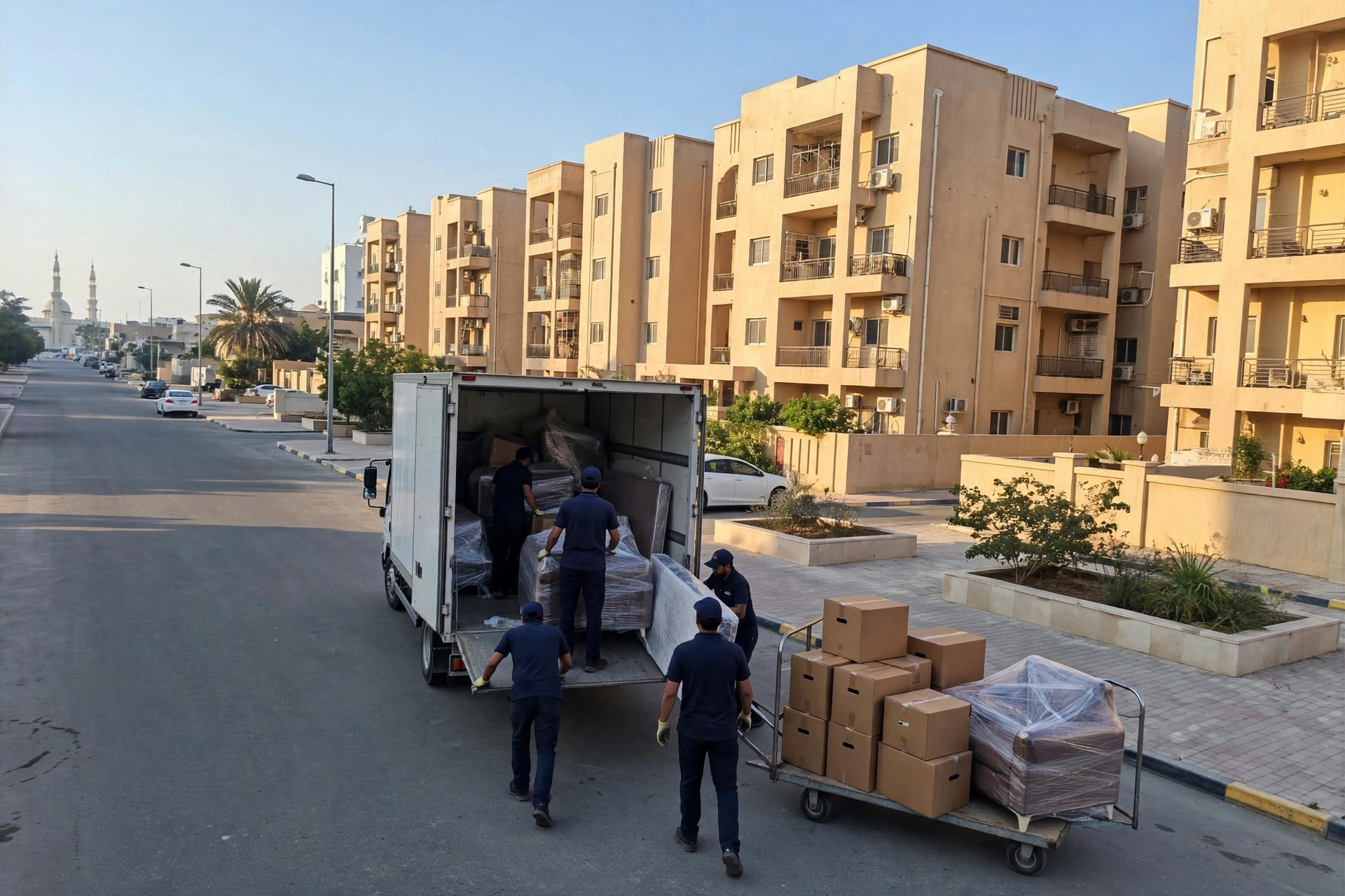 Movers loading a plain white truck on a residential street in Al Butina, Sharjah