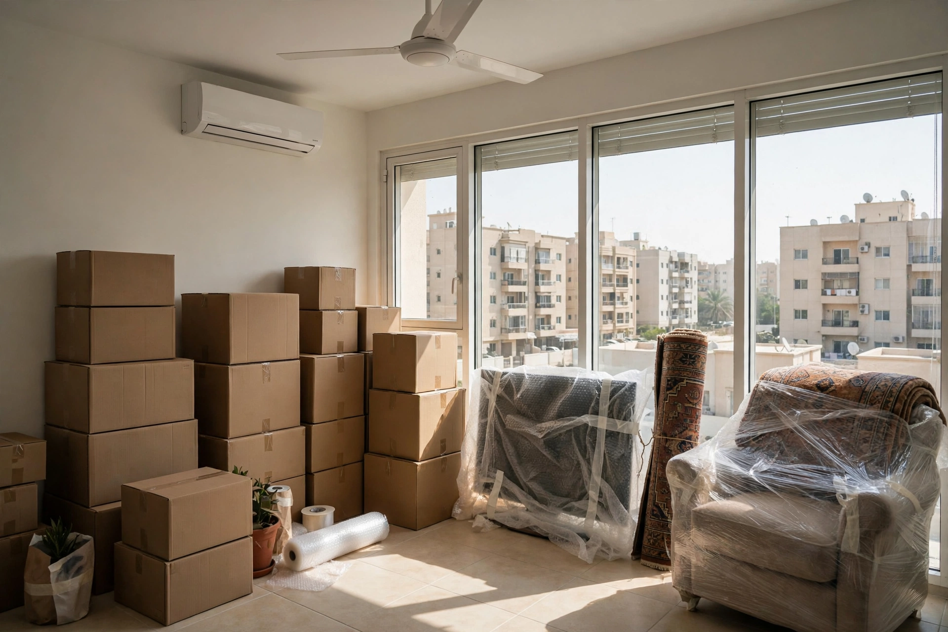 Packed and labelled boxes ready in an Al Butina apartment living room