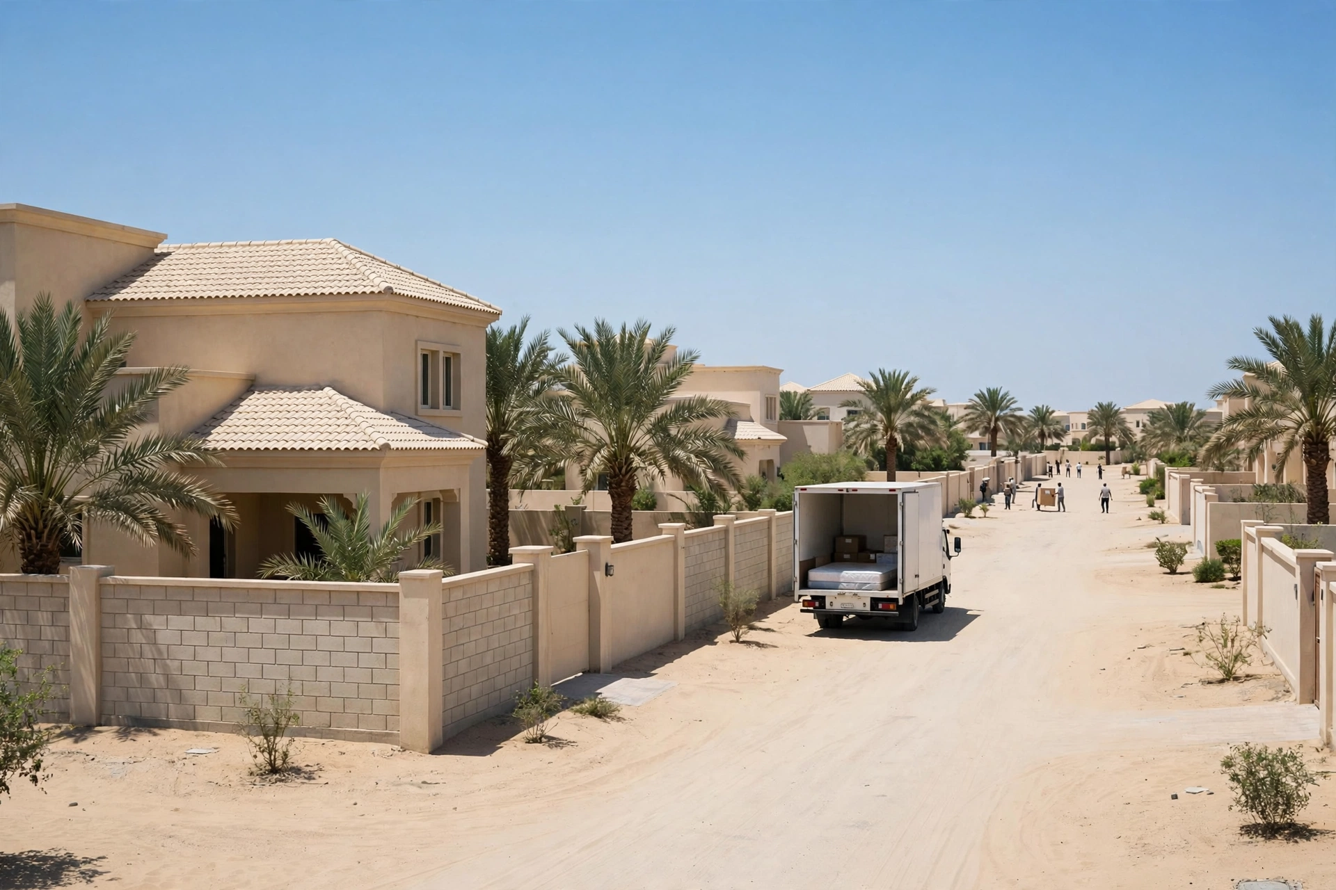 Movers loading a plain white truck outside a home in Al Dar Al Baida, Umm Al Quwain
