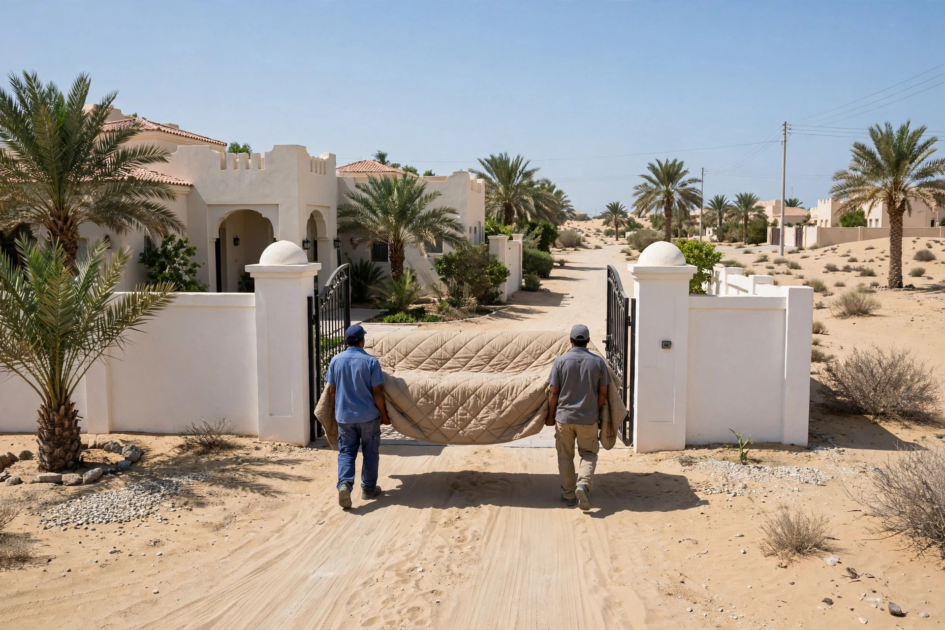 Movers carrying a wrapped sofa in Al Dar Al Baida, Umm Al Quwain