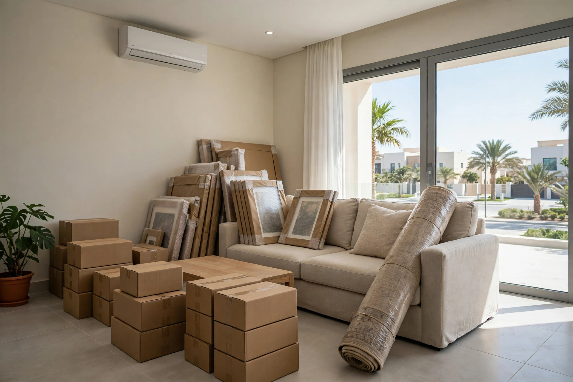 Packed and labelled boxes in a living room in Al Dar Al Baida, Umm Al Quwain