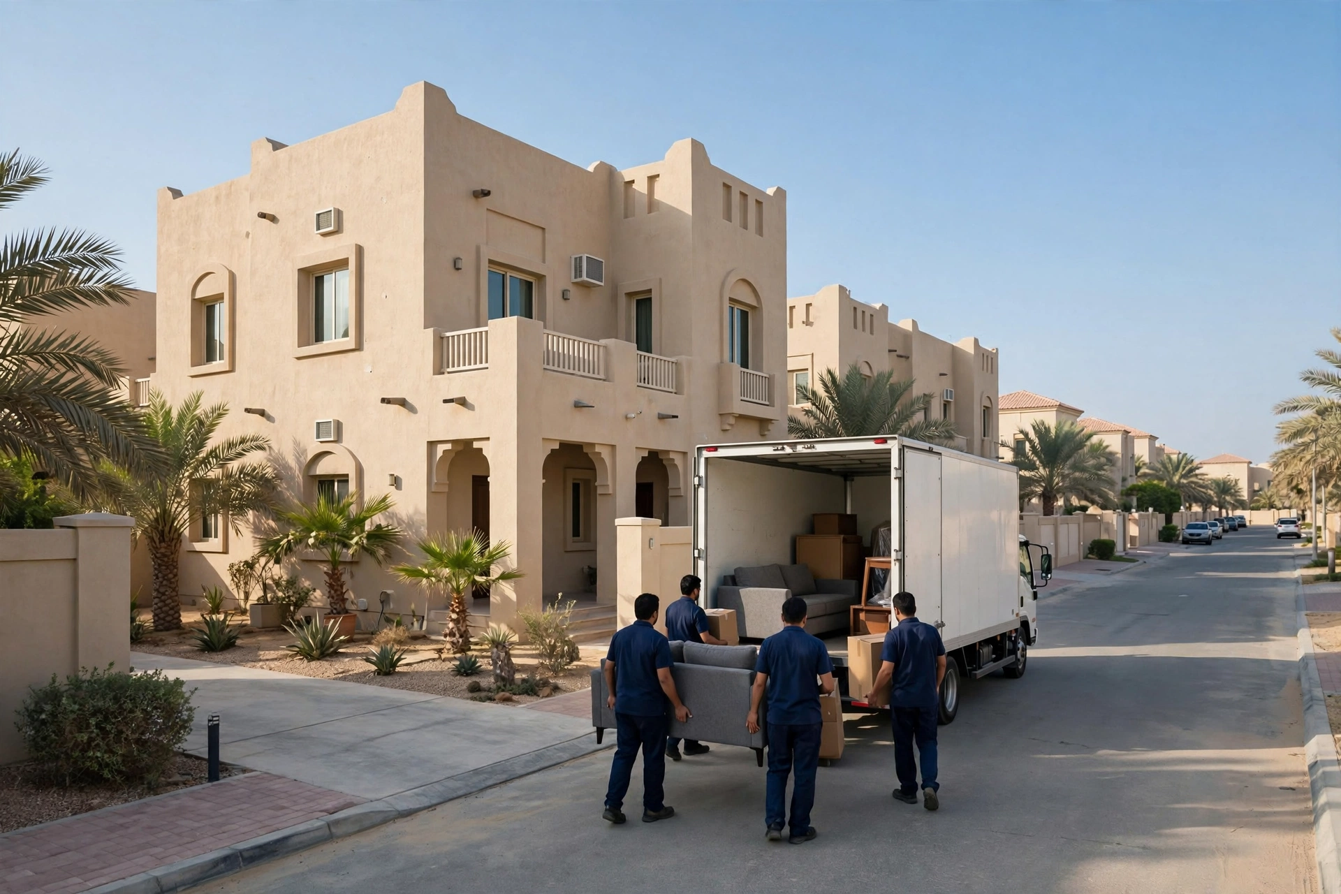 Movers loading a plain white truck on a wide villa street in Al Dhait, Ras Al Khaimah