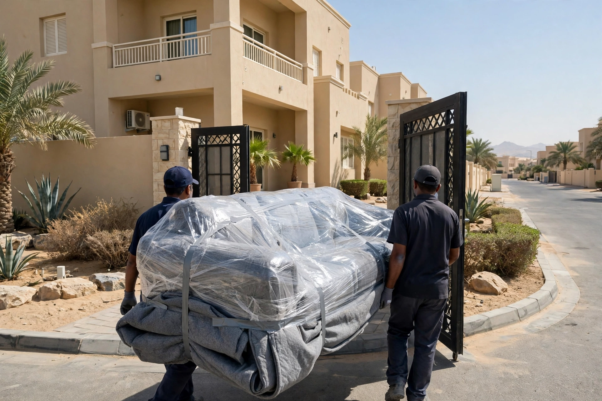 Crew carrying a wrapped majlis sofa out of a villa in Al Dhait