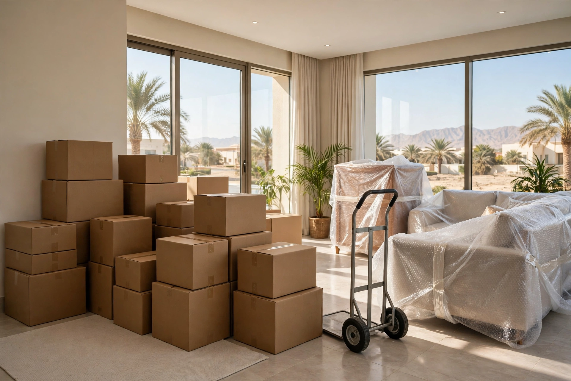 Labelled packing boxes stacked in a bright Al Dhait family living room