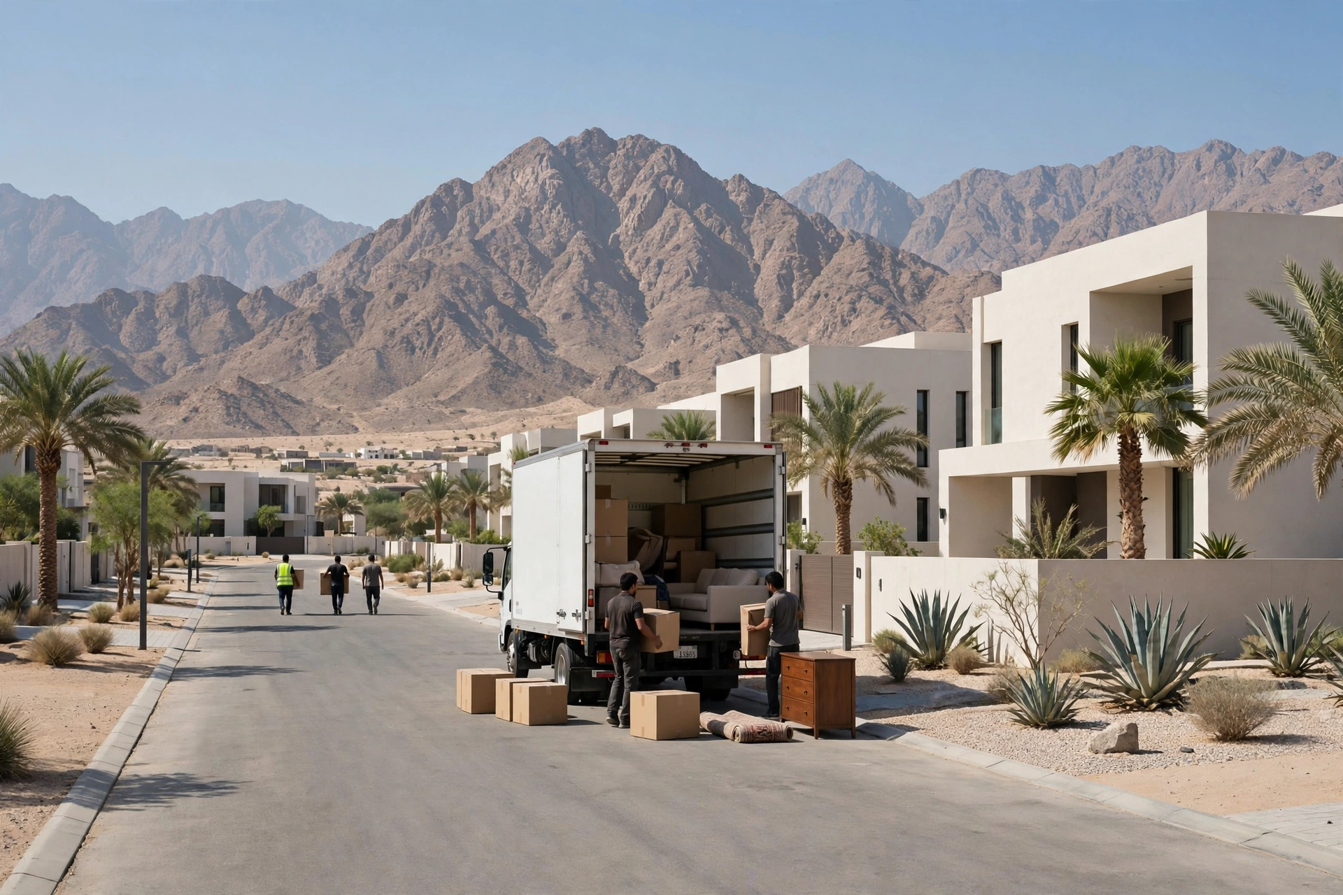 Movers loading a plain white truck outside a home in Al Faseel, Fujairah