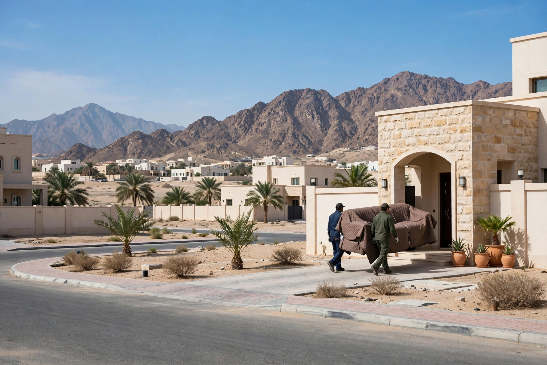 Movers carrying a wrapped sofa through a doorway in Al Faseel, Fujairah