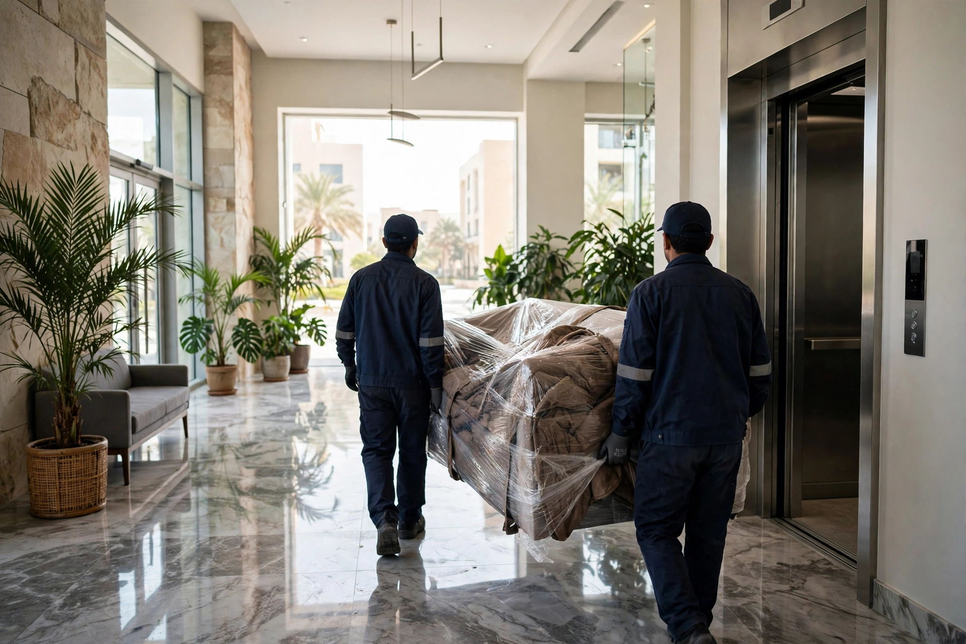 Movers carrying a wrapped carved wardrobe through a doorway in Al Fisht, Sharjah