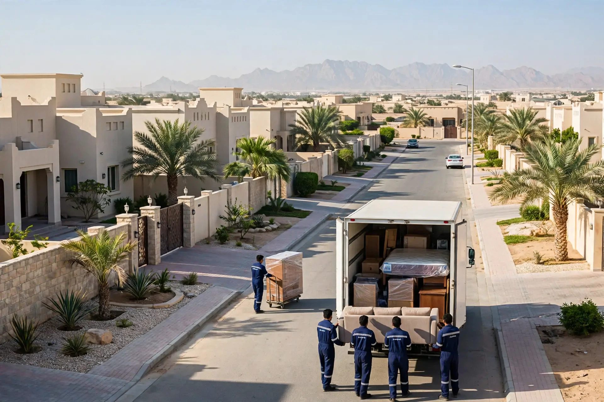 Movers loading a plain white truck outside a family villa in Al Foah, Al Ain
