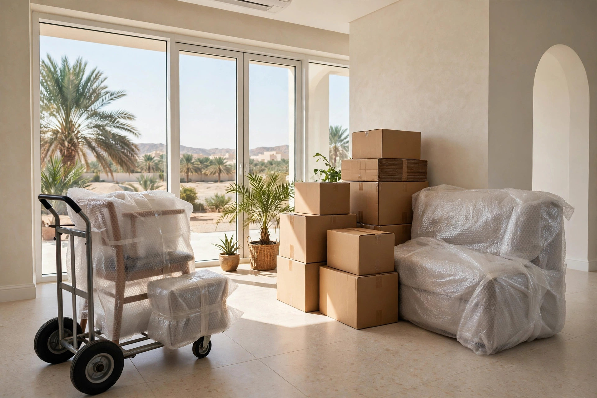 Packed and labelled boxes in a bright living room in Al Foah, Al Ain