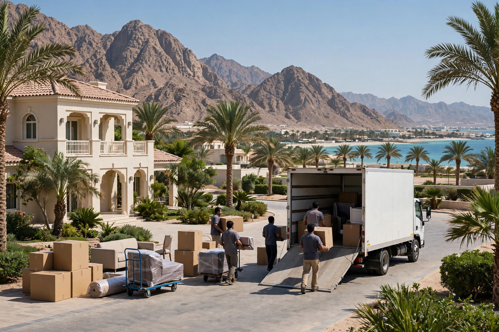Movers loading a plain white truck outside a family villa in Al Ghorfa, Dibba