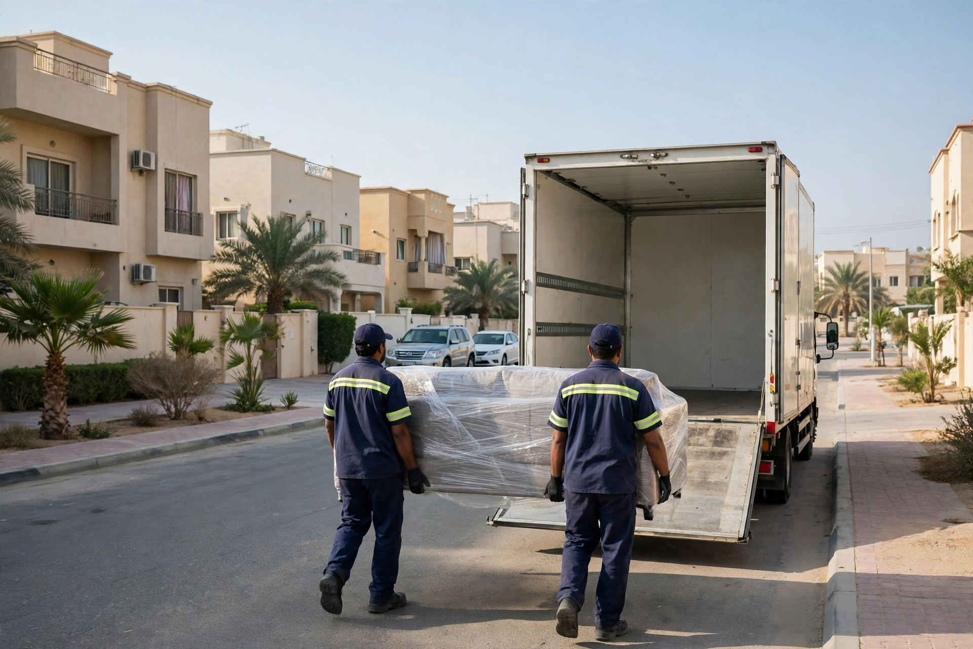 Movers loading a plain white truck outside a home in Al Hamidiya, Ajman