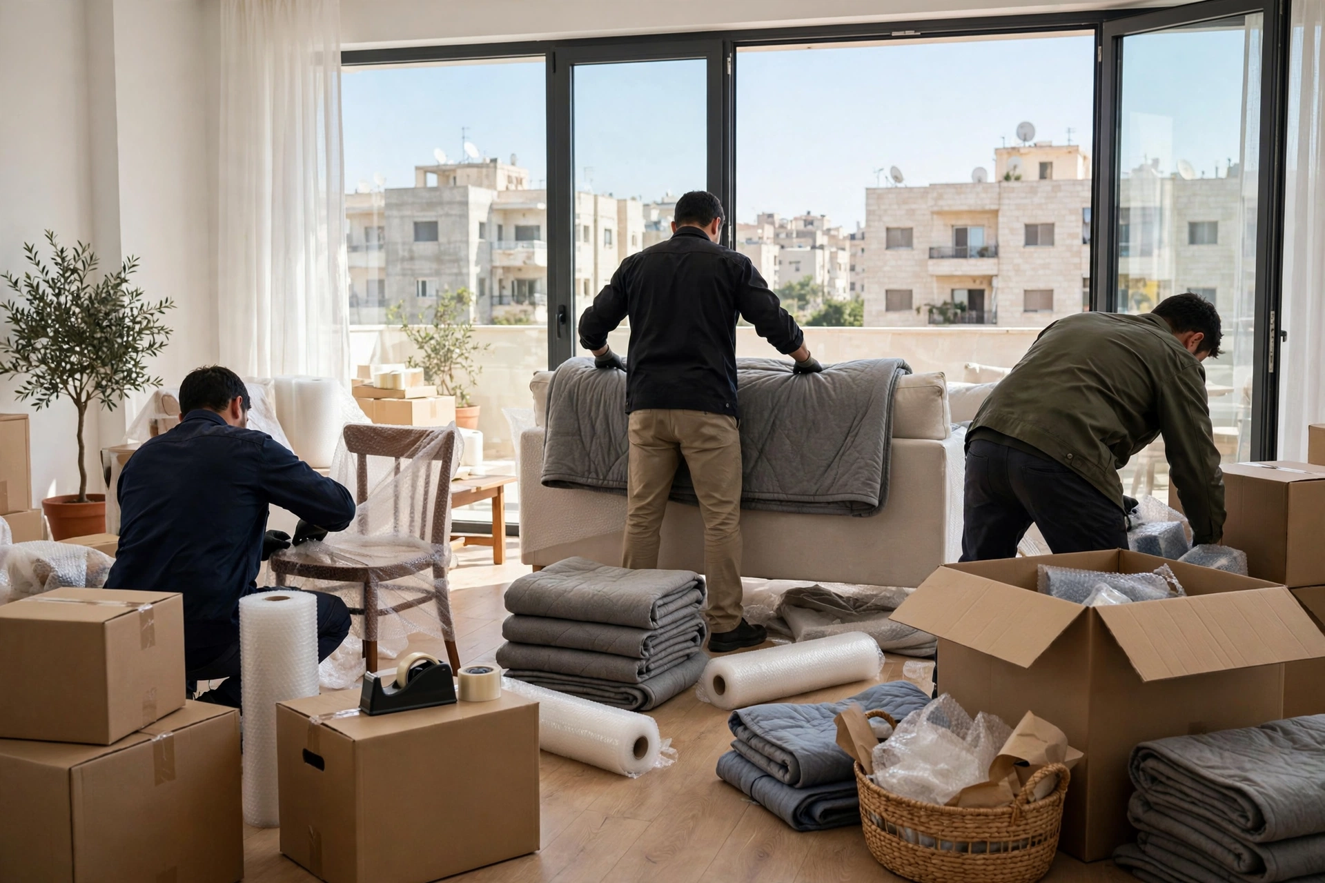 Movers carrying a wrapped sofa in Al Hamidiya, Ajman