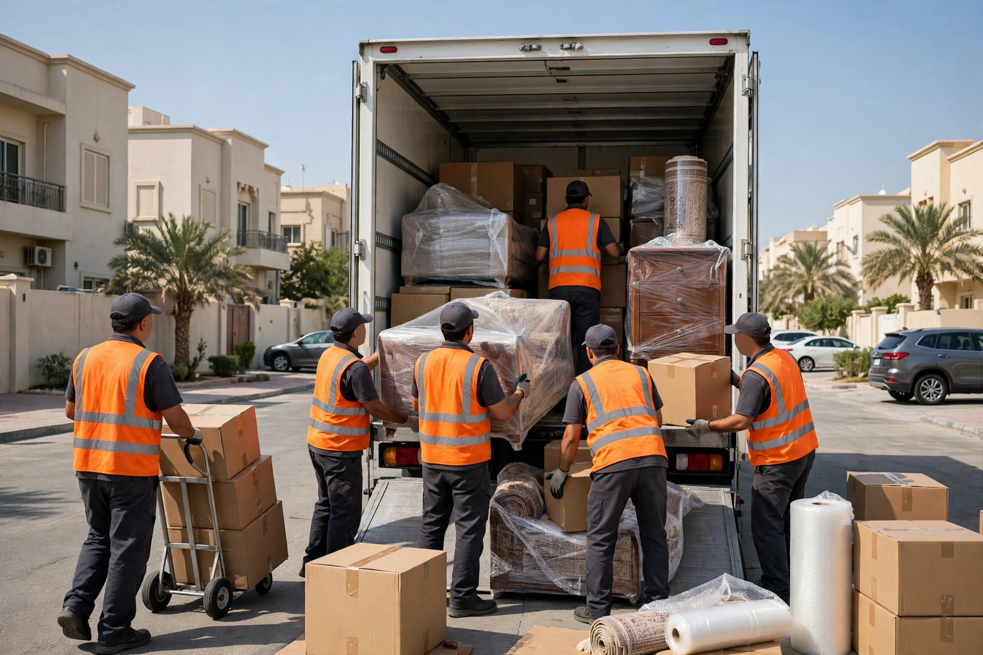 Packed and labelled boxes in a living room in Al Hamidiya, Ajman