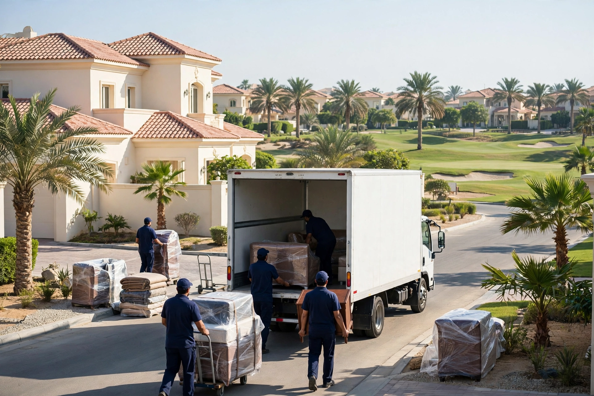 Movers loading a plain white truck outside a villa in Al Hamra Village, Ras Al Khaimah