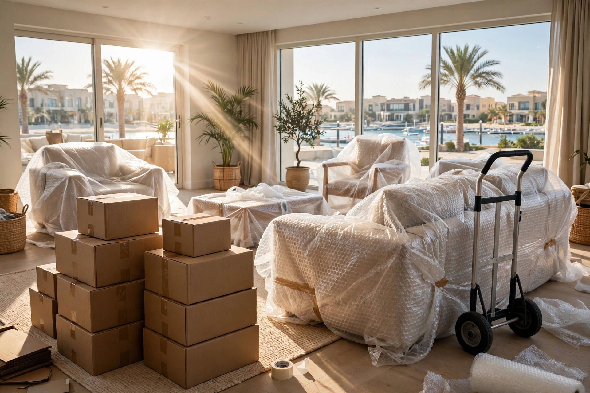 Labelled packing boxes stacked in a bright Al Hamra Village living room