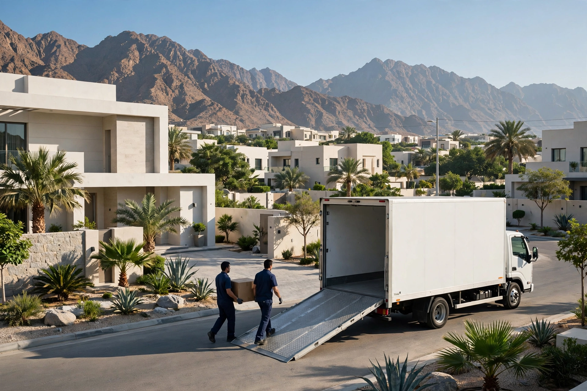 Movers loading a plain white truck outside a home in Al Haray, Khor Fakkan