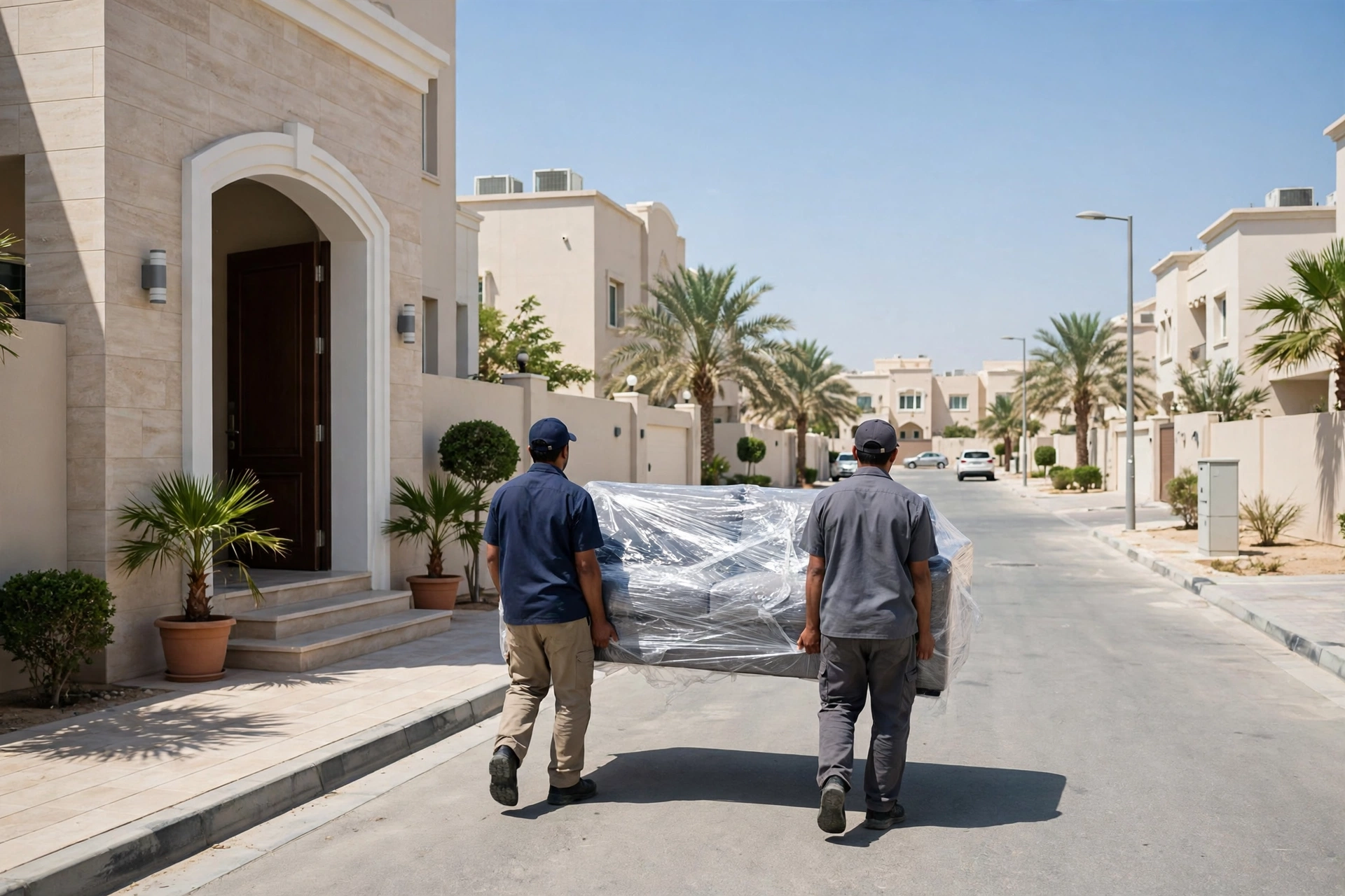 Movers carrying a wrapped sofa in Al Humra, Umm Al Quwain