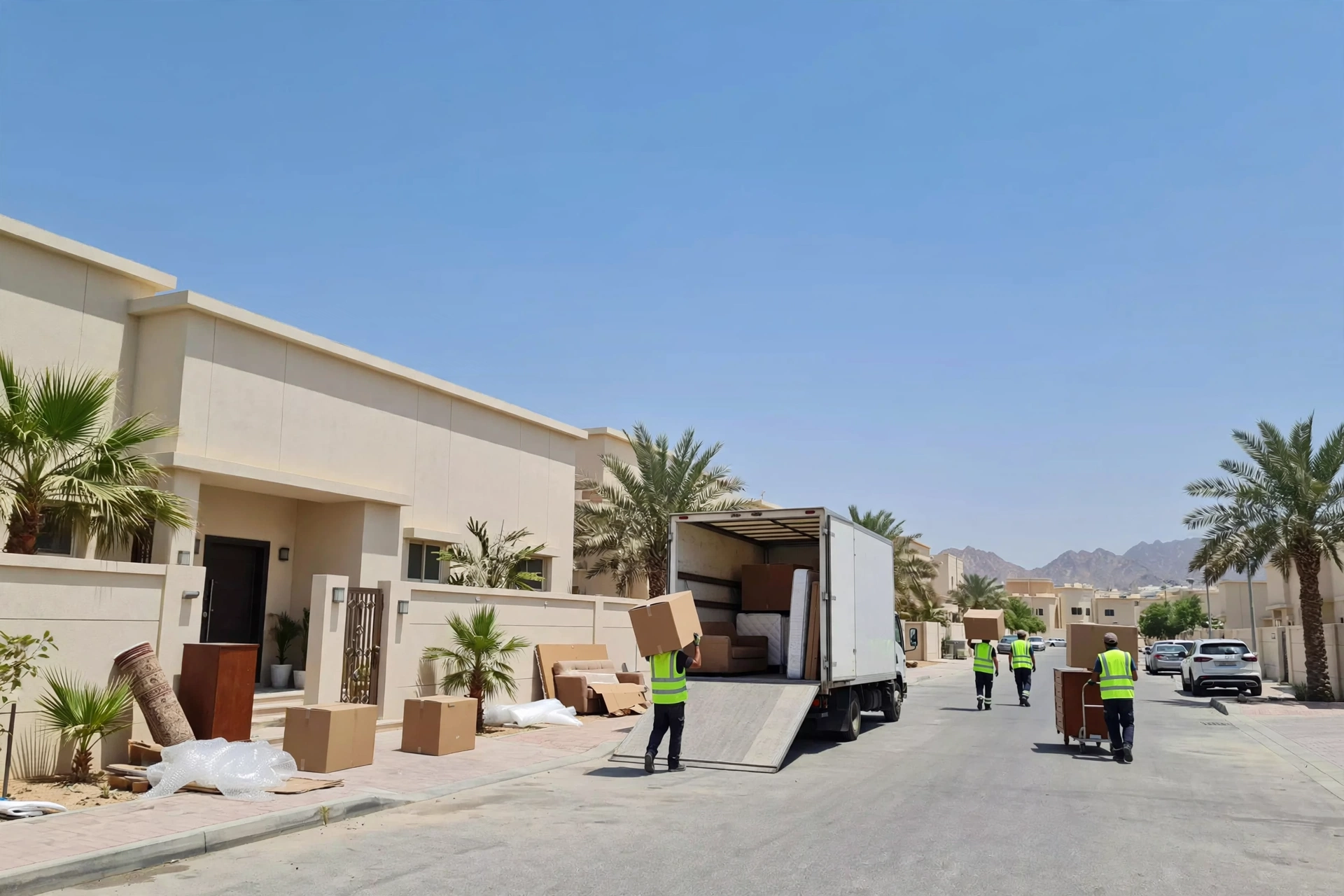 Movers loading a plain white truck outside a home in Al Ittihad, Fujairah