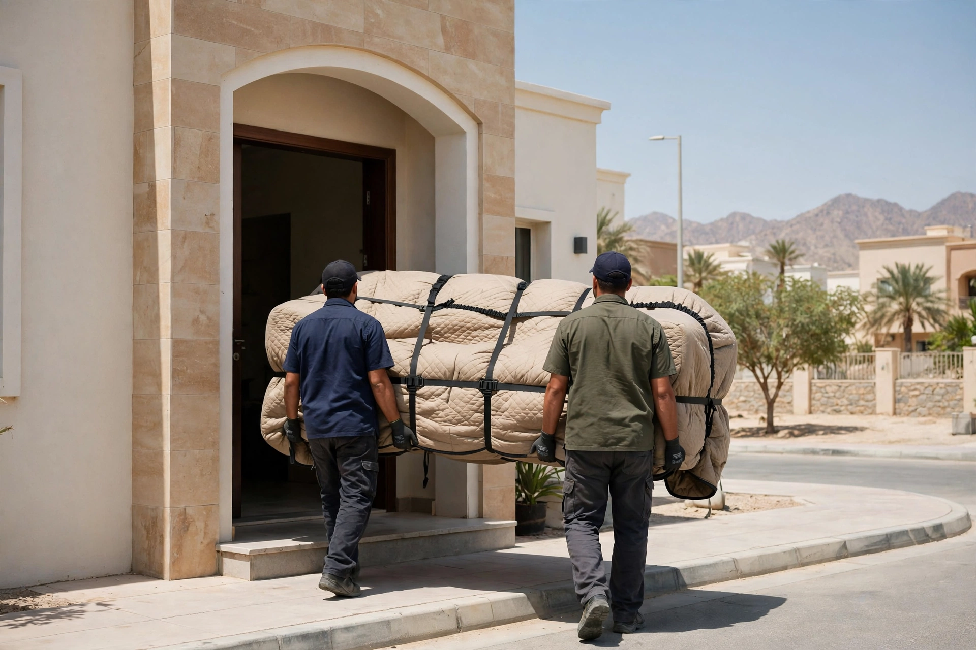 Movers carrying a wrapped sofa through a doorway in Al Ittihad, Fujairah