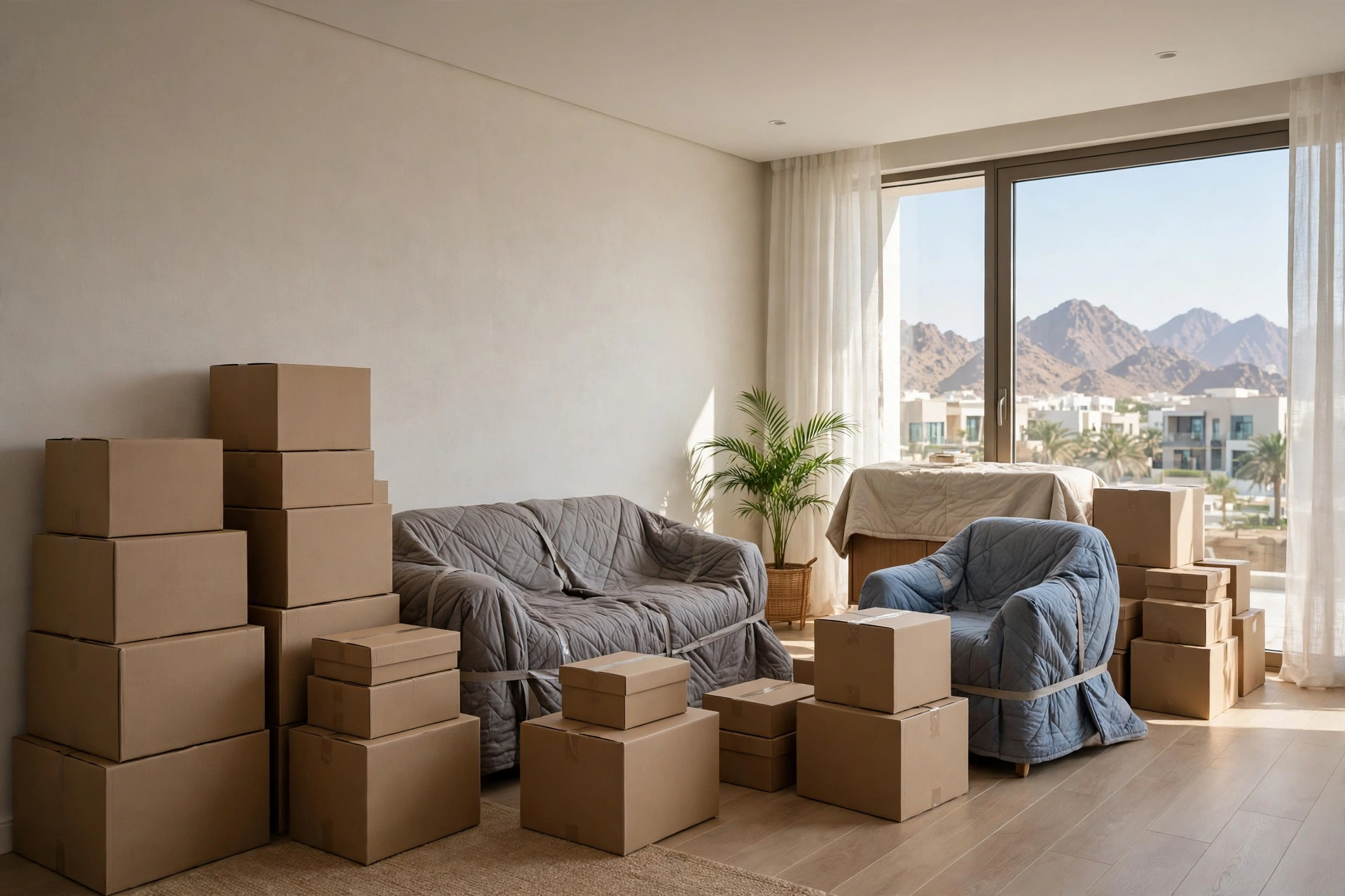 Packed and labelled boxes ready in a bright living room in Al Ittihad, Fujairah