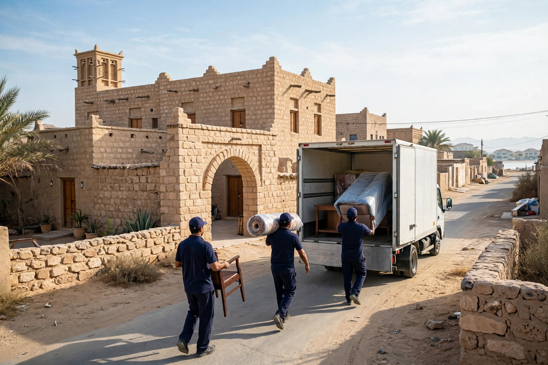 Movers loading a plain white truck near traditional homes in Al Jazeera Al Hamra