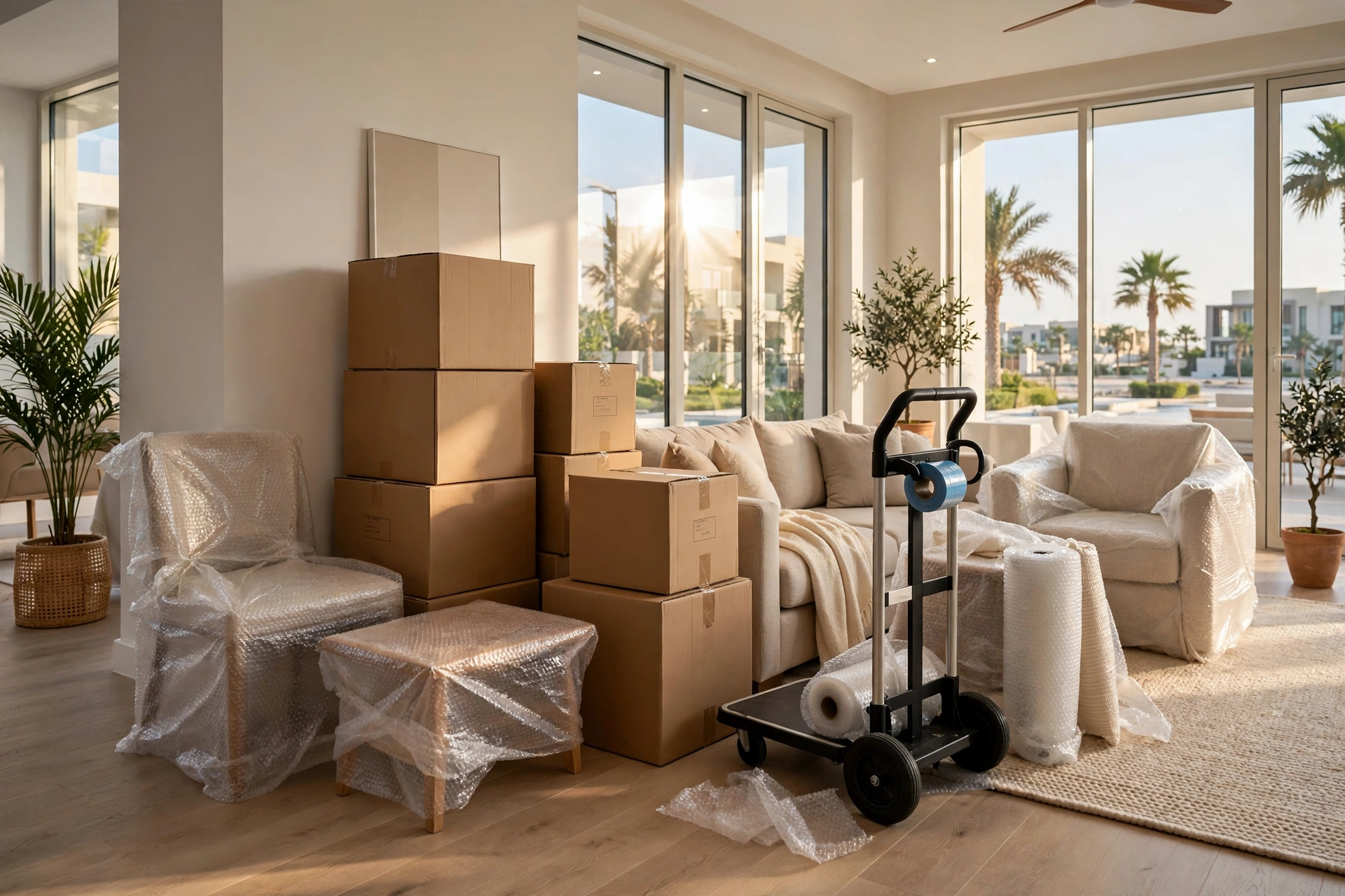Labelled packing boxes in a bright Al Jazeera Al Hamra family room