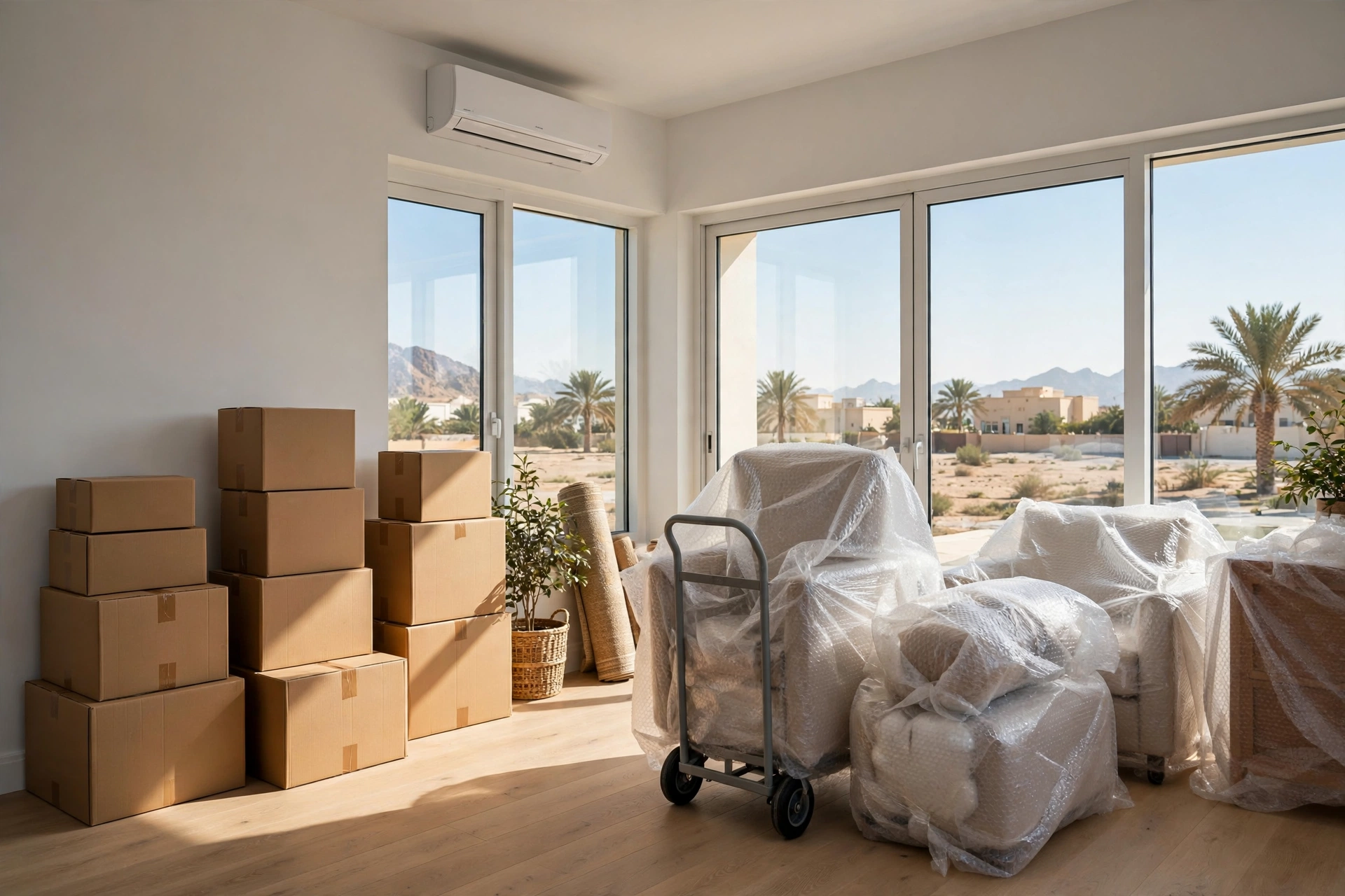 Packed and labelled boxes in a bright living room in Al Jimi, Al Ain