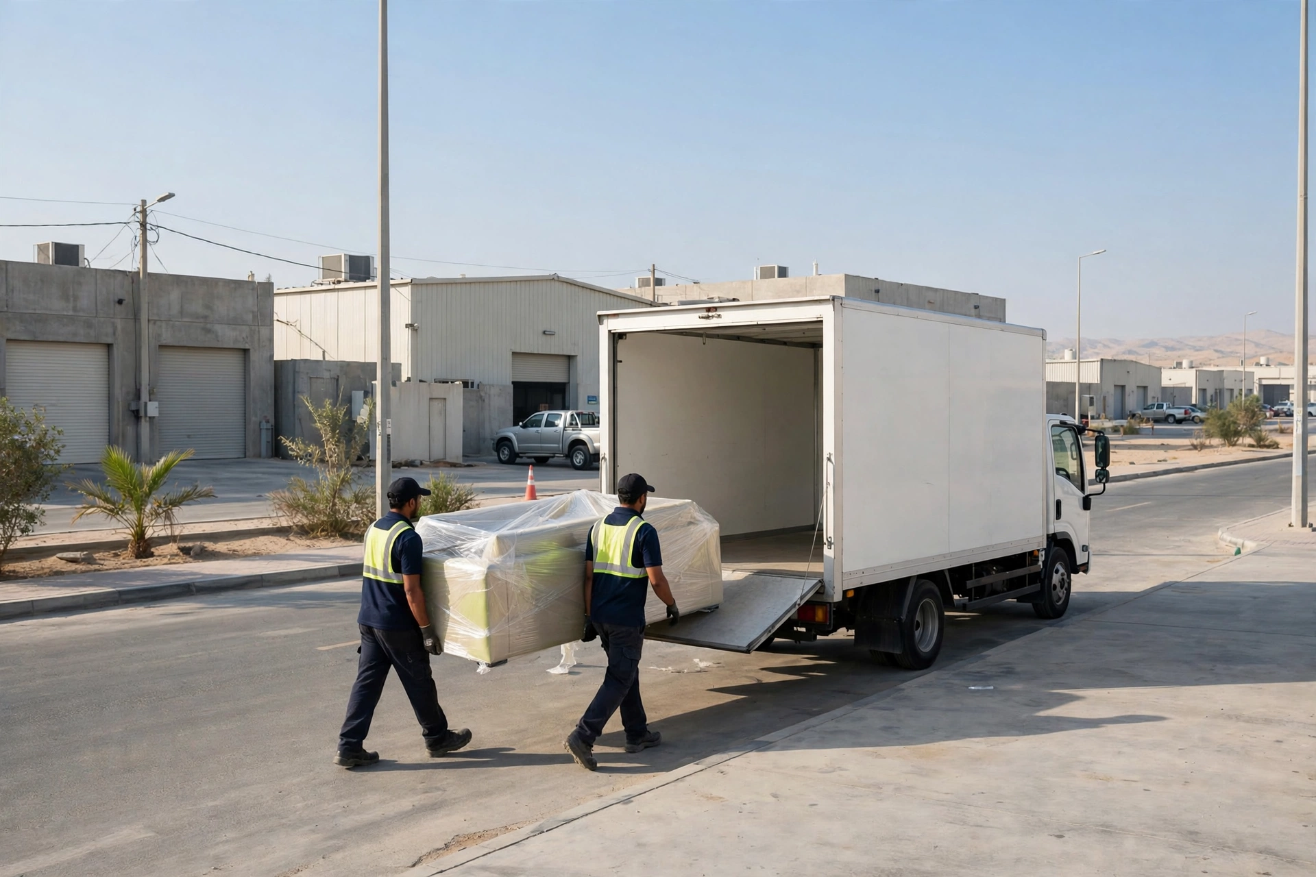 Movers loading a plain white truck outside a home in Al Jurf, Ajman