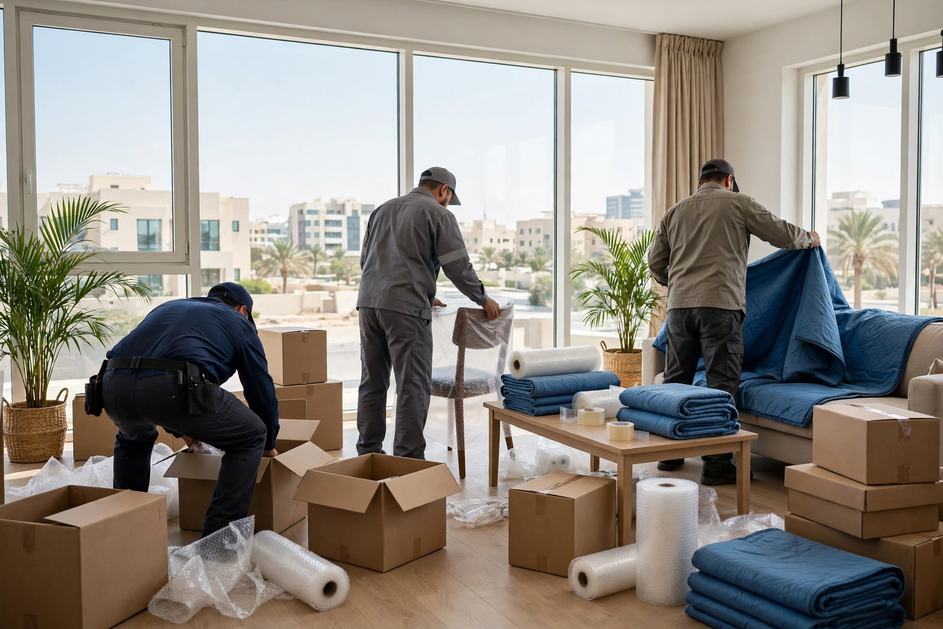 Movers carrying a wrapped sofa in Al Jurf, Ajman