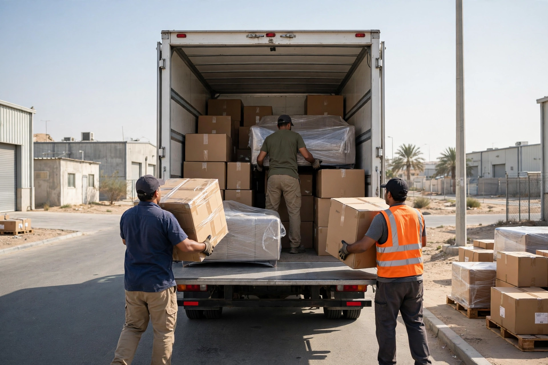 Packed and labelled boxes in a living room in Al Jurf, Ajman