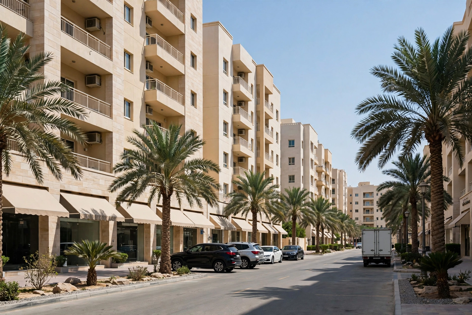 Movers with a truck outside an apartment building in Al Khalidiyah, Abu Dhabi