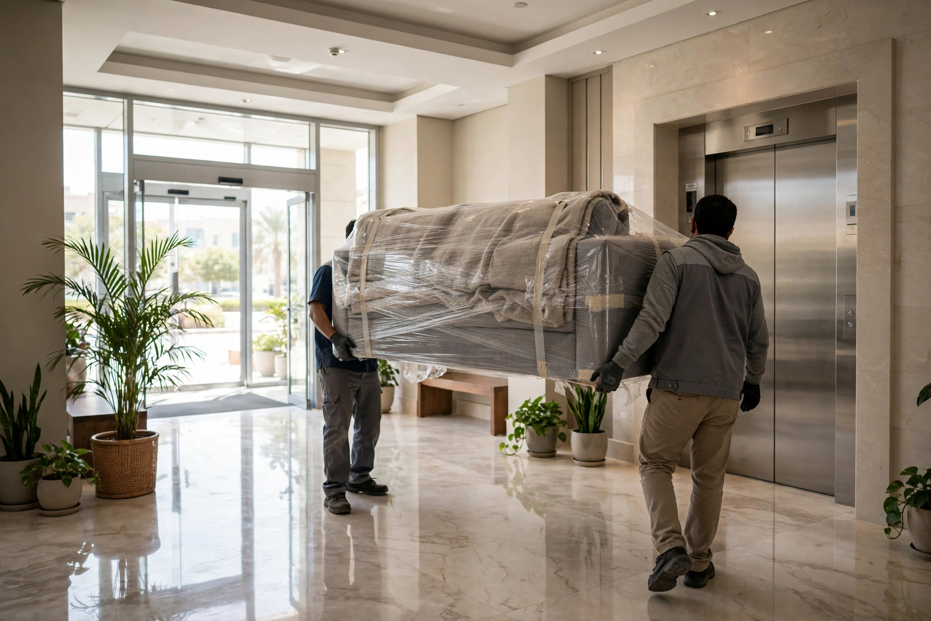 Movers carrying a wrapped sofa through a tower lobby in Al Khan, Sharjah