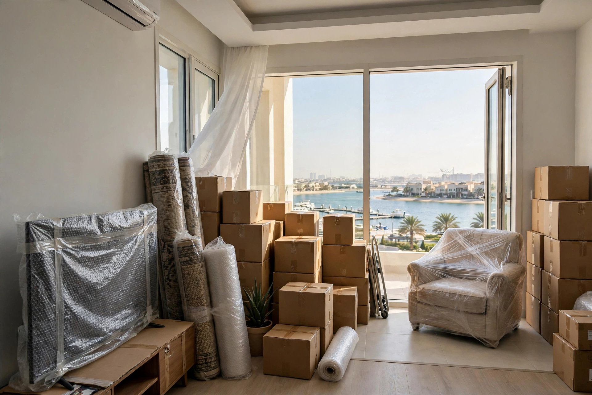 Packed and labelled boxes ready in a bright sea-facing living room in Al Khan, Sharjah