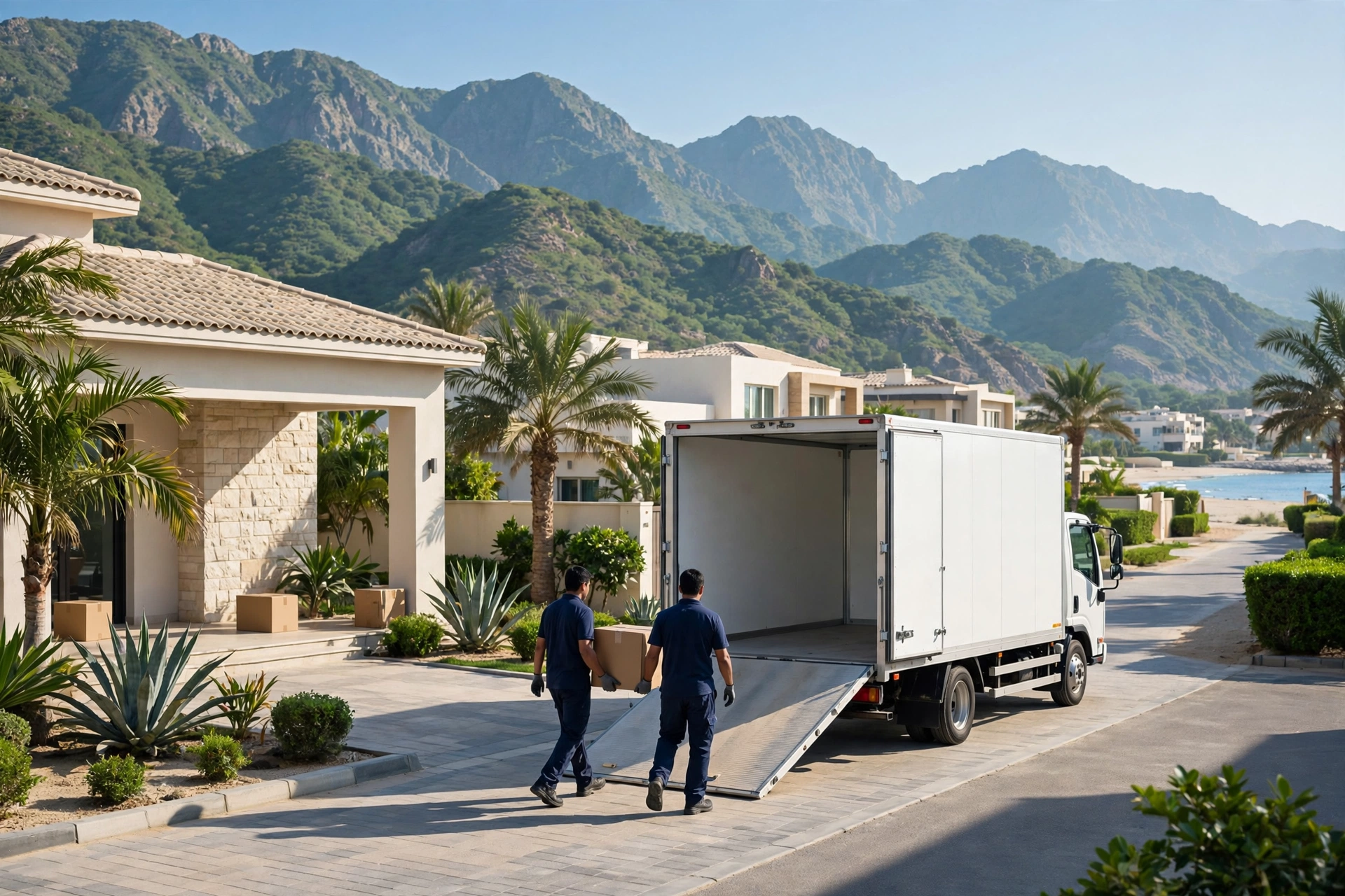Movers loading a plain white truck outside a home in Al Lulayyah, Khor Fakkan