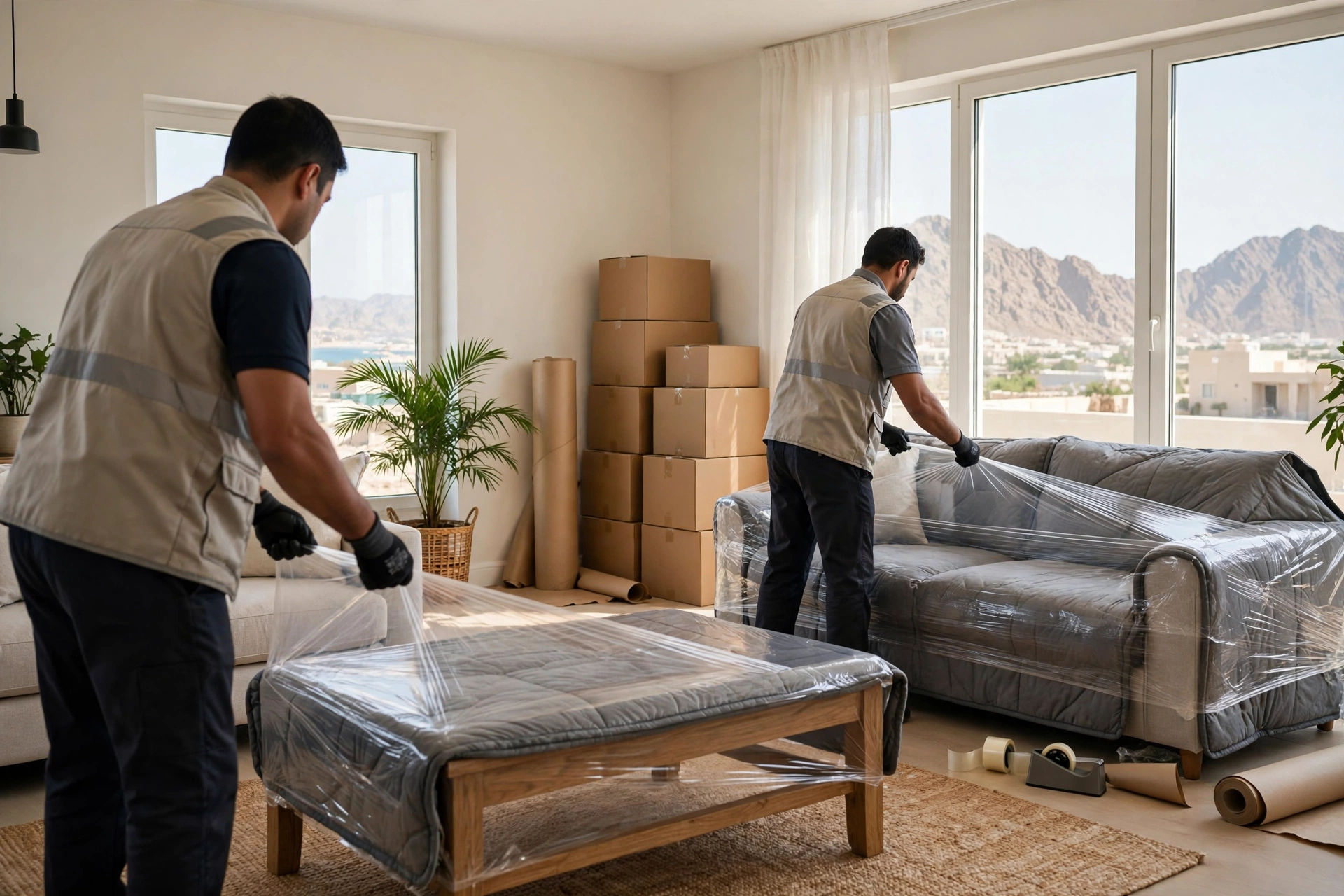 Movers carrying a wrapped sofa through a doorway in Al Lulayyah, Khor Fakkan