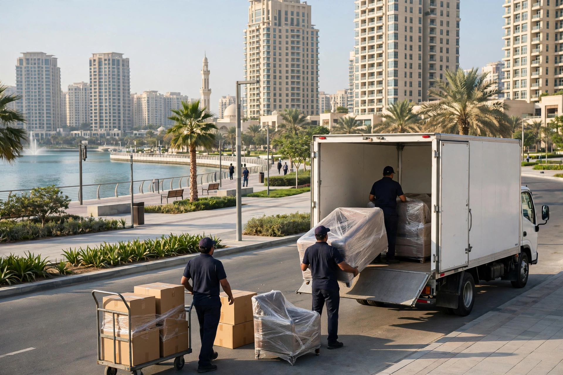 Movers loading a plain white truck outside an apartment tower in Al Majaz, Sharjah