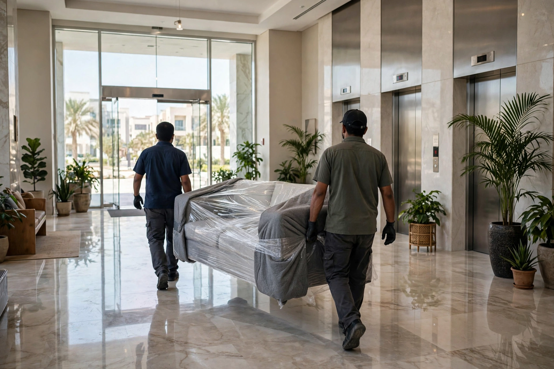 Movers carrying a wrapped sofa through a lift lobby in Al Majaz, Sharjah
