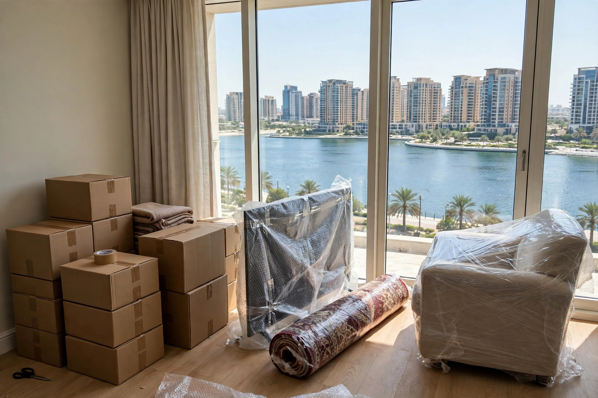 Packed and labelled boxes ready in a bright Al Majaz apartment living room