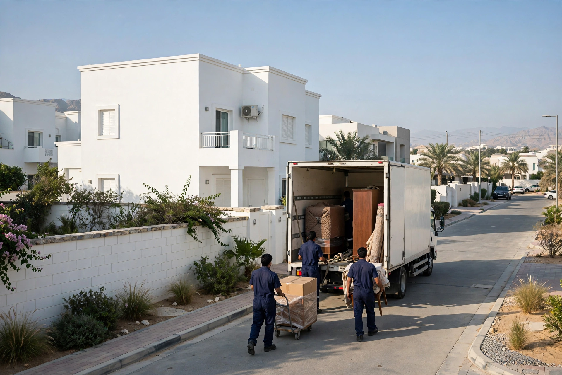 Movers loading a plain white truck outside apartments in Al Mamourah, Ras Al Khaimah