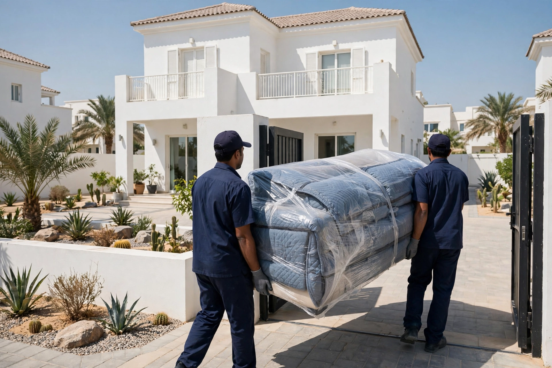 Crew carrying a wrapped bed frame through a doorway in Al Mamourah