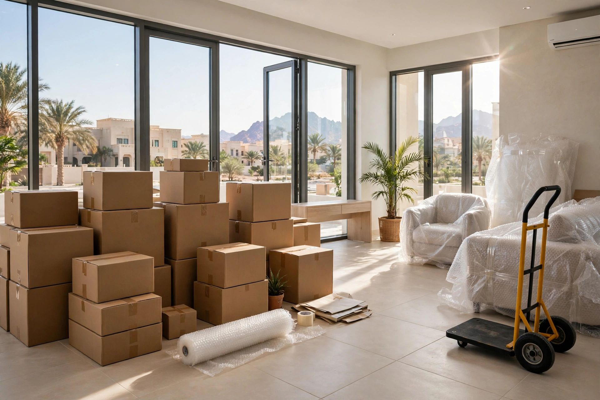 Labelled packing boxes stacked in a bright Al Mamourah family room