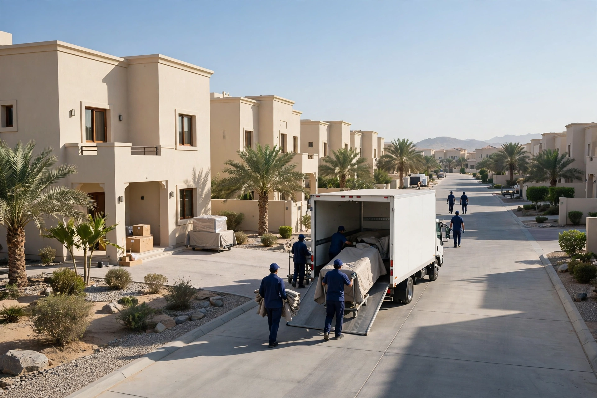 Movers loading a plain white truck outside a family villa in Al Maqam, Al Ain