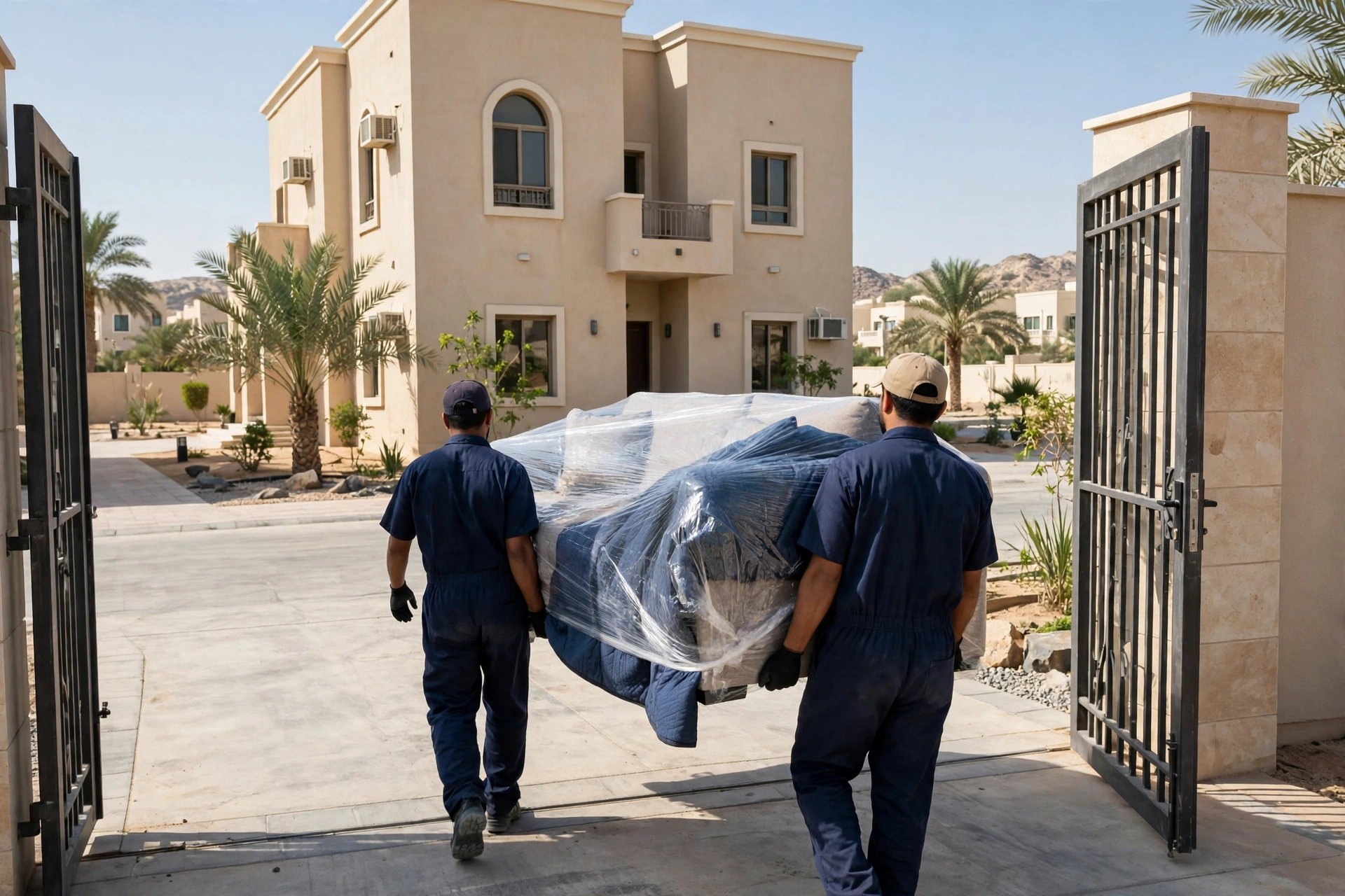 Movers carrying a wrapped sofa through a villa gate in Al Maqam, Al Ain