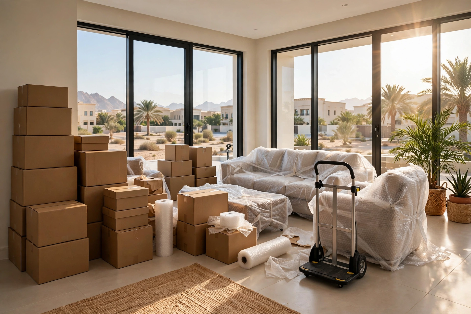 Packed and labelled boxes in a bright living room in Al Maqam, Al Ain