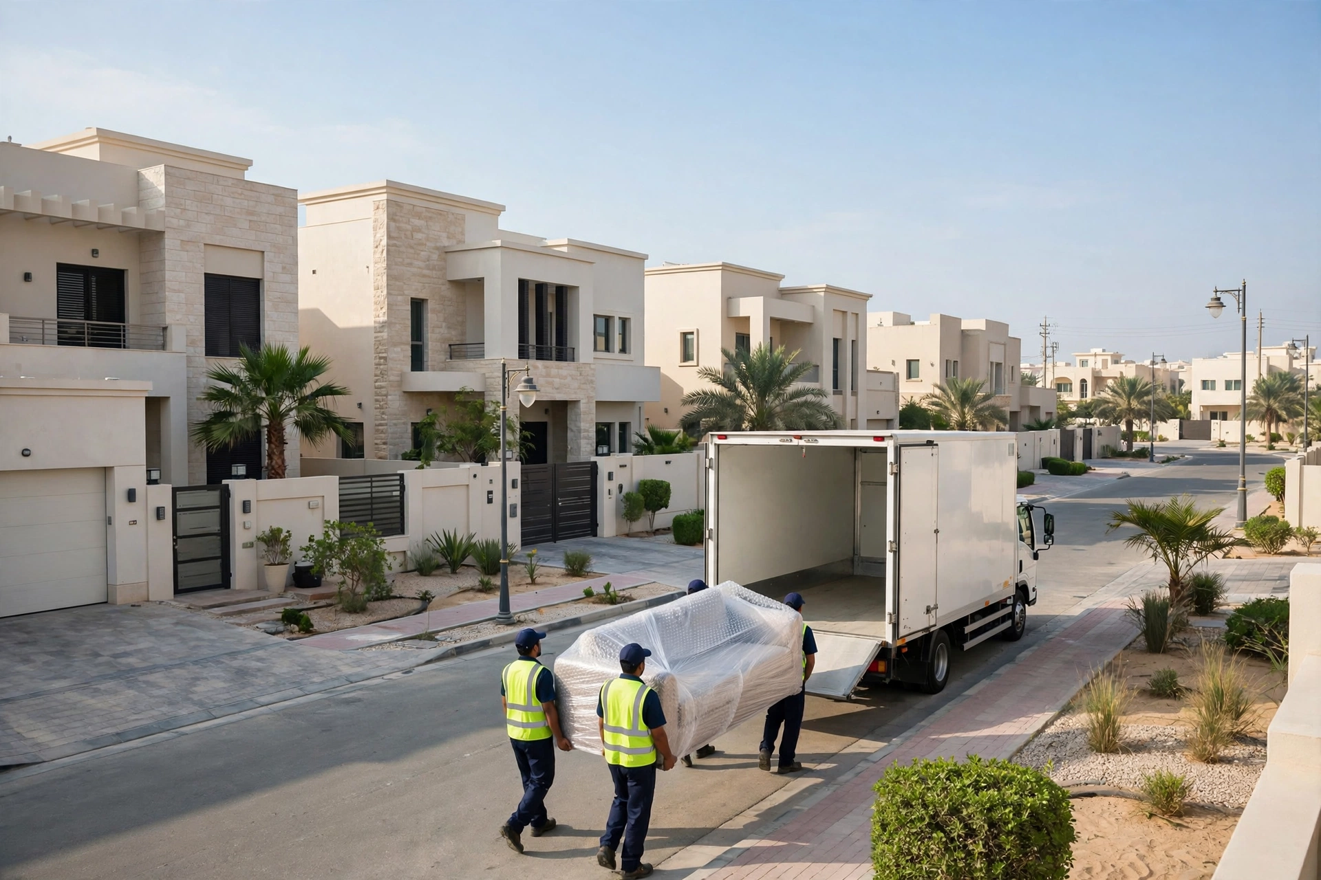 Movers loading a plain white truck outside a home in Al Mowaihat, Ajman