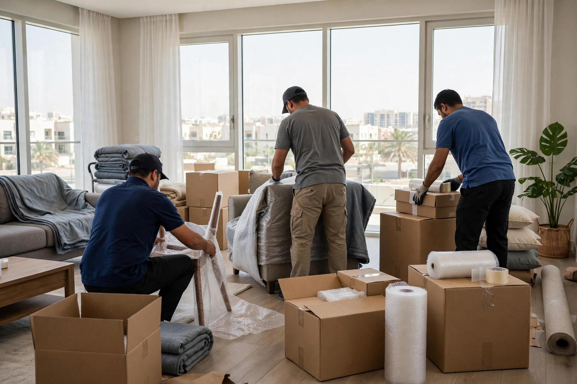 Movers carrying a wrapped sofa in Al Mowaihat, Ajman