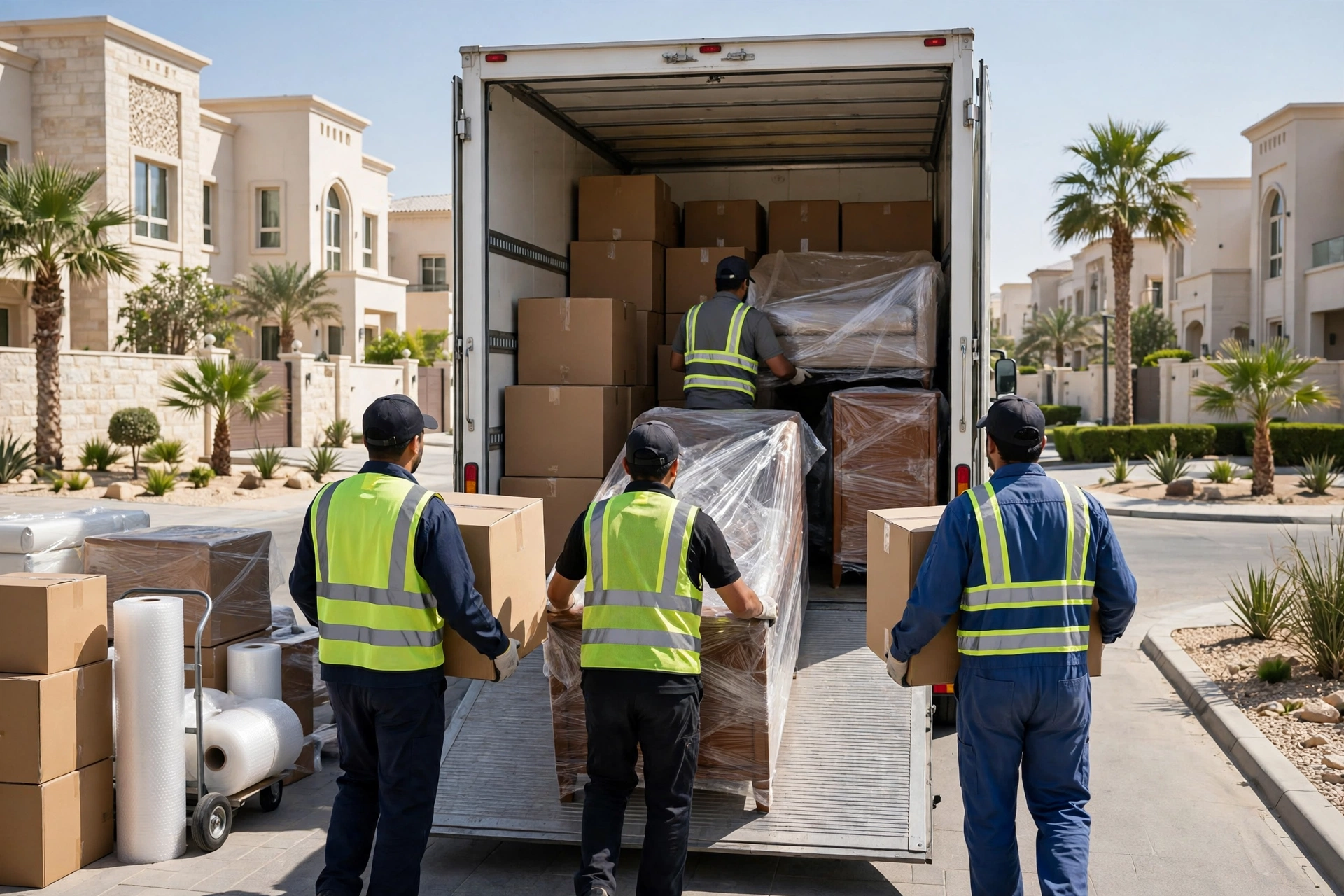 Packed and labelled boxes in a living room in Al Mowaihat, Ajman