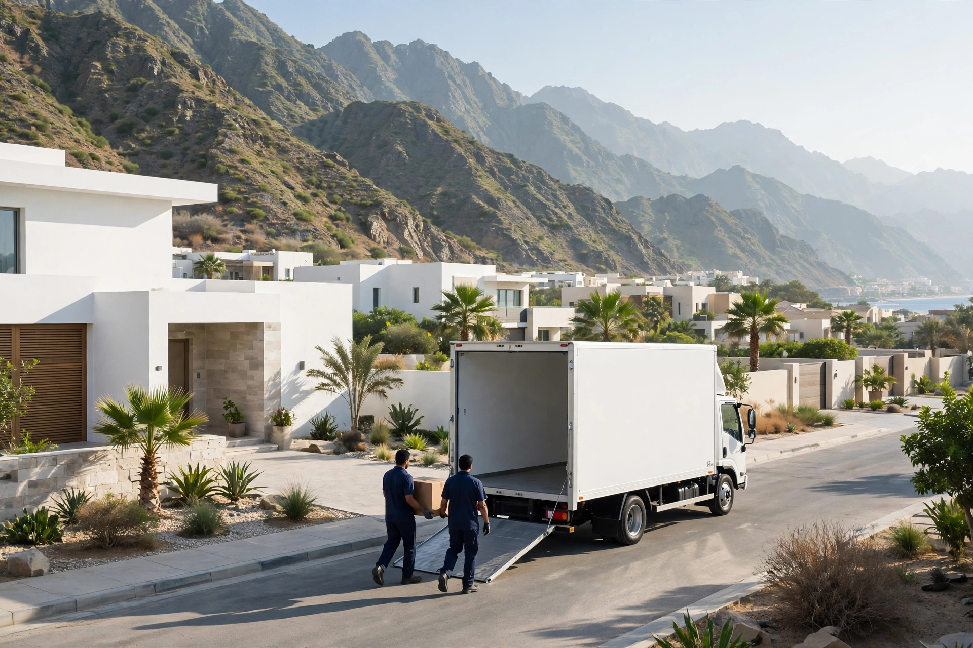 Movers loading a plain white truck outside a home in Al Mudayfi, Khor Fakkan